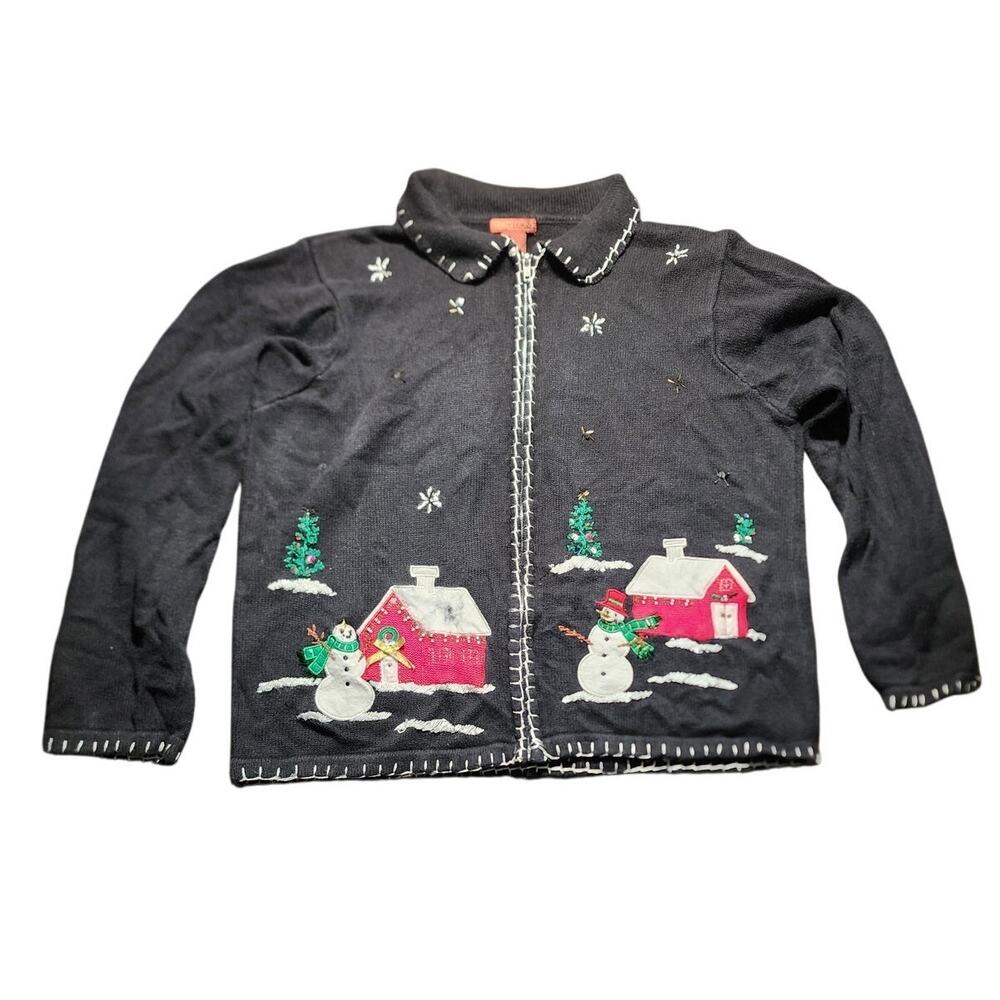 Vintage Traditions Full Zip Holiday Christmas Sweater Snowy Cabin Snowman L